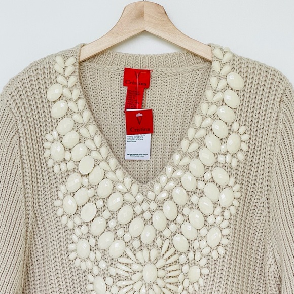 V Cristina Knit Sweater Embellished 3/4 Bell Sleeve V-Neck Beige Hi-low Hem - Picture 3 of 10